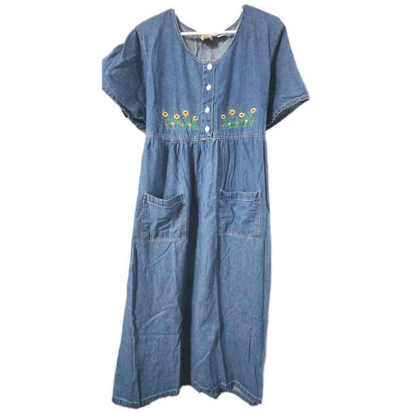 Prestige Global Dresses & Skirts - 90s Embroidered Sunflower Denim Shirtdress Women's Plus 2X Cotton Cottagecore